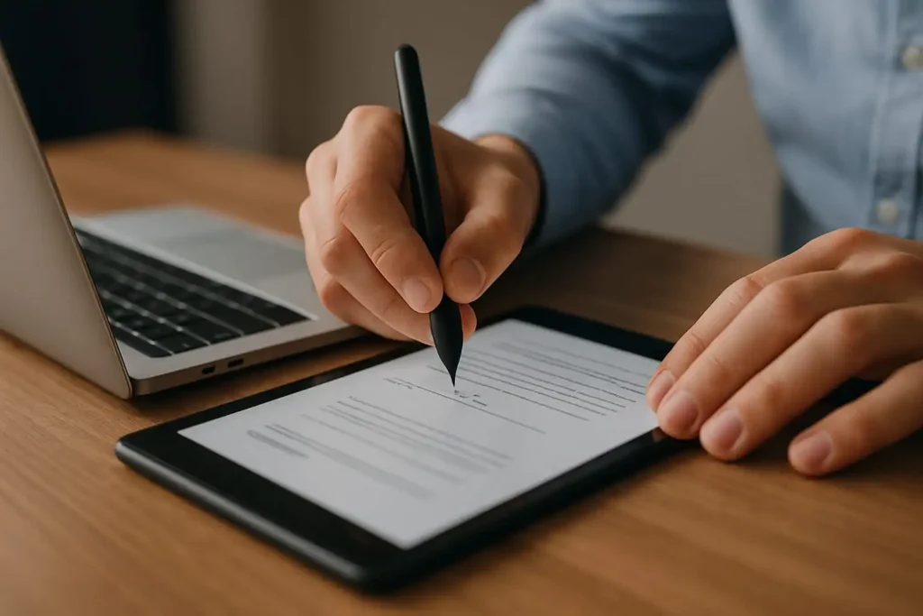 Podepisování smlouvy online při zřízení virtuálního sídla firmy.